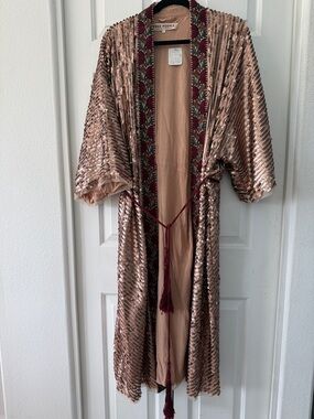 NWT Free People Rose Gold Sequin Kimono with Embroidered Trim, M